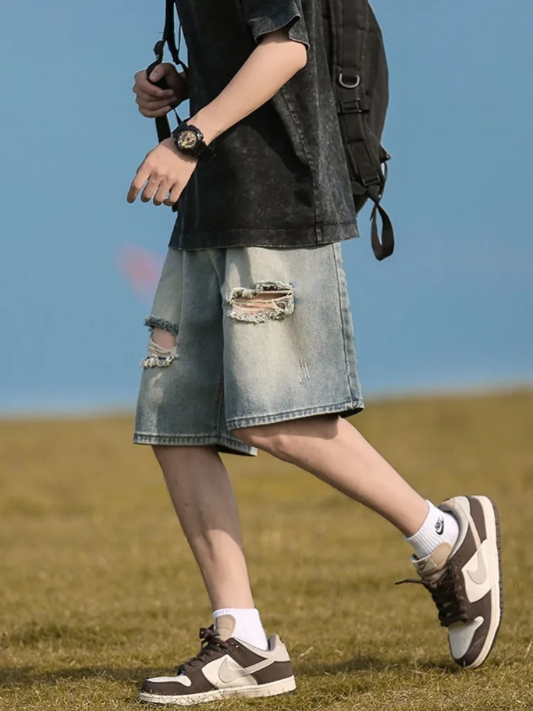 

Summer Thin Casual Loose Men's Denim orts Worn-Look y Five-Point Pants Mid-Waist Zipper Closure Youth Faion