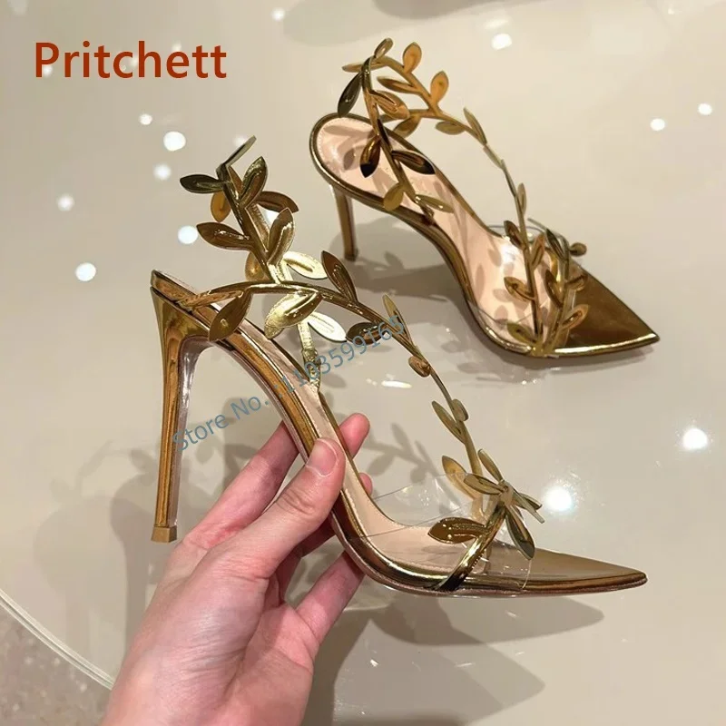 Metal Leaves Cross Sandals Thin Heels Pointy Toe Slingback Women's Shoes Slip On Solid Luxury Gold Stiletto Shoes Summer Sexy