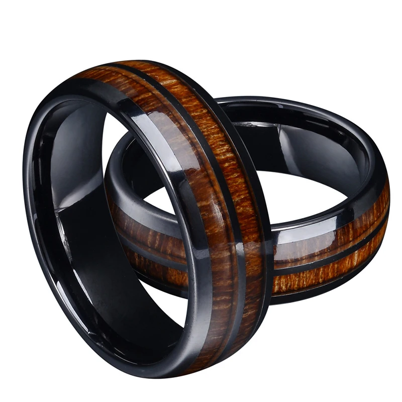 2024 Vintage Black Double Groove Wood Grain Rings Anniversary Party Gift Fashion Stainless Steel Rings for Men Accessories