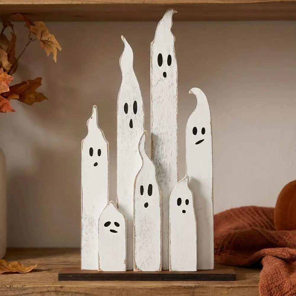 Vintage Distressed Halloween Wooden Ghost Decor Gradient Height Wood Craft Ghost Party Table Ornaments Hand Painted Cartoon
