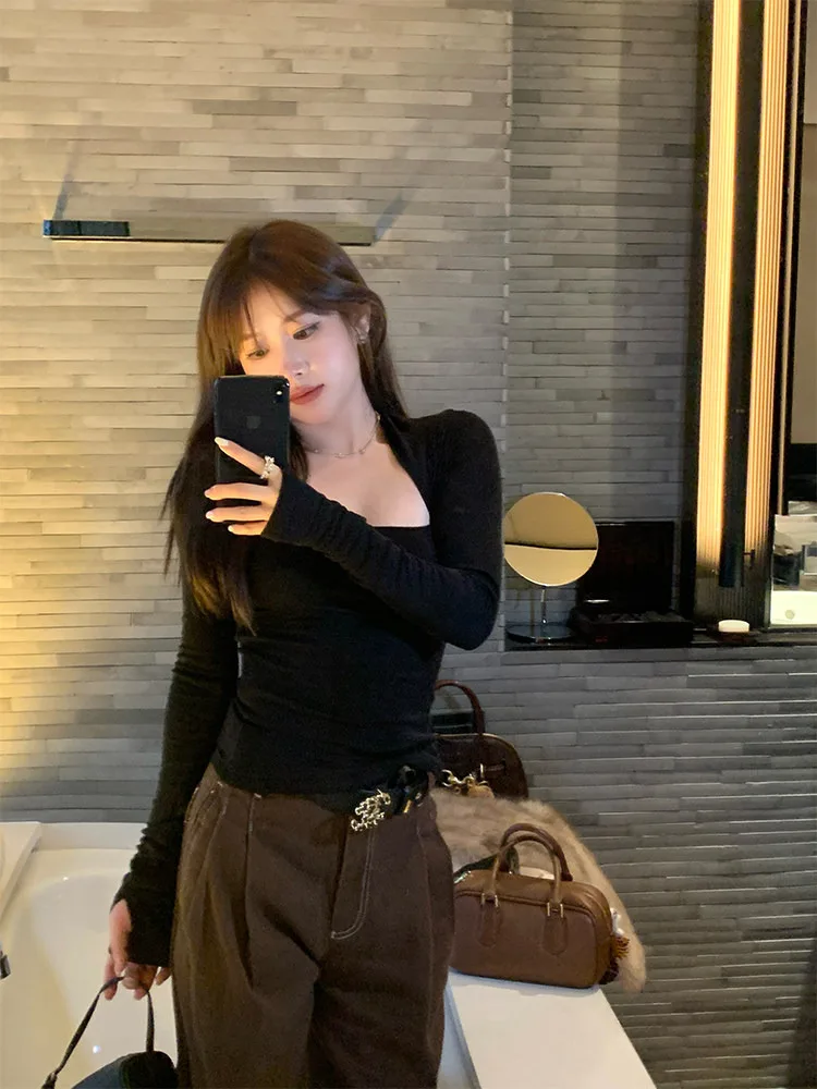 

Женская шерстяная футболка Swan Ne Ra Laisel с высокой эластичностью, базовая модель, осень-зима, новая коллекция, повседневный крой, длинный рукав, квадратный воротник