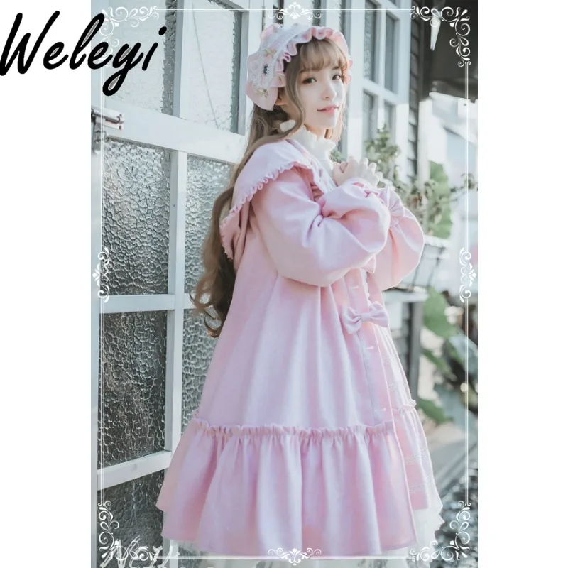 Kawaii Lolita Cutewool Jacket Japanese Fashion Winter Streetwear New Fleece Thickened Wool Long Sleeved Button Bow Loose Coats