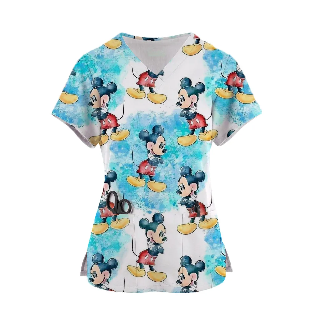 

Miniso Nurse Uniform Disney Mickey Mouse Pocket V-Neck Nursing Scrubs Tops Workwear T-shirt Women Fashion Overalls Medical