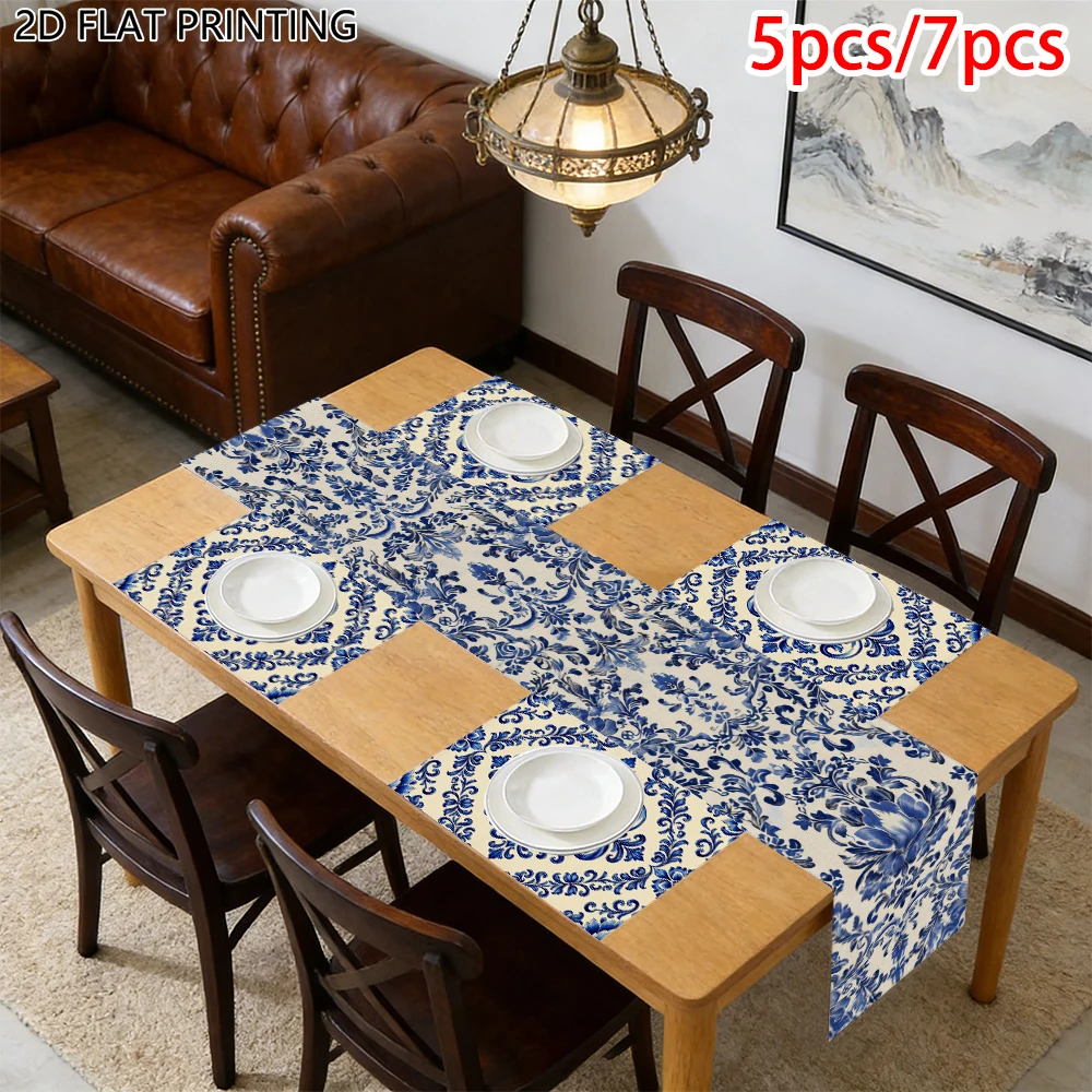 1pc Blue White Damask Floral Theme Table Runner And Placemat For Wedding Banquet Decor For Dining Enthusiast