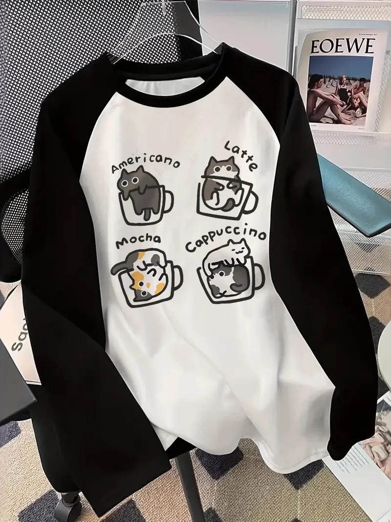 Coffee Cat Long Sleeve T-Shirt Print Shirt Funny Hip Hop 90s T Shirt Women's Casual Print Crew Neck Top Tee Tshirt