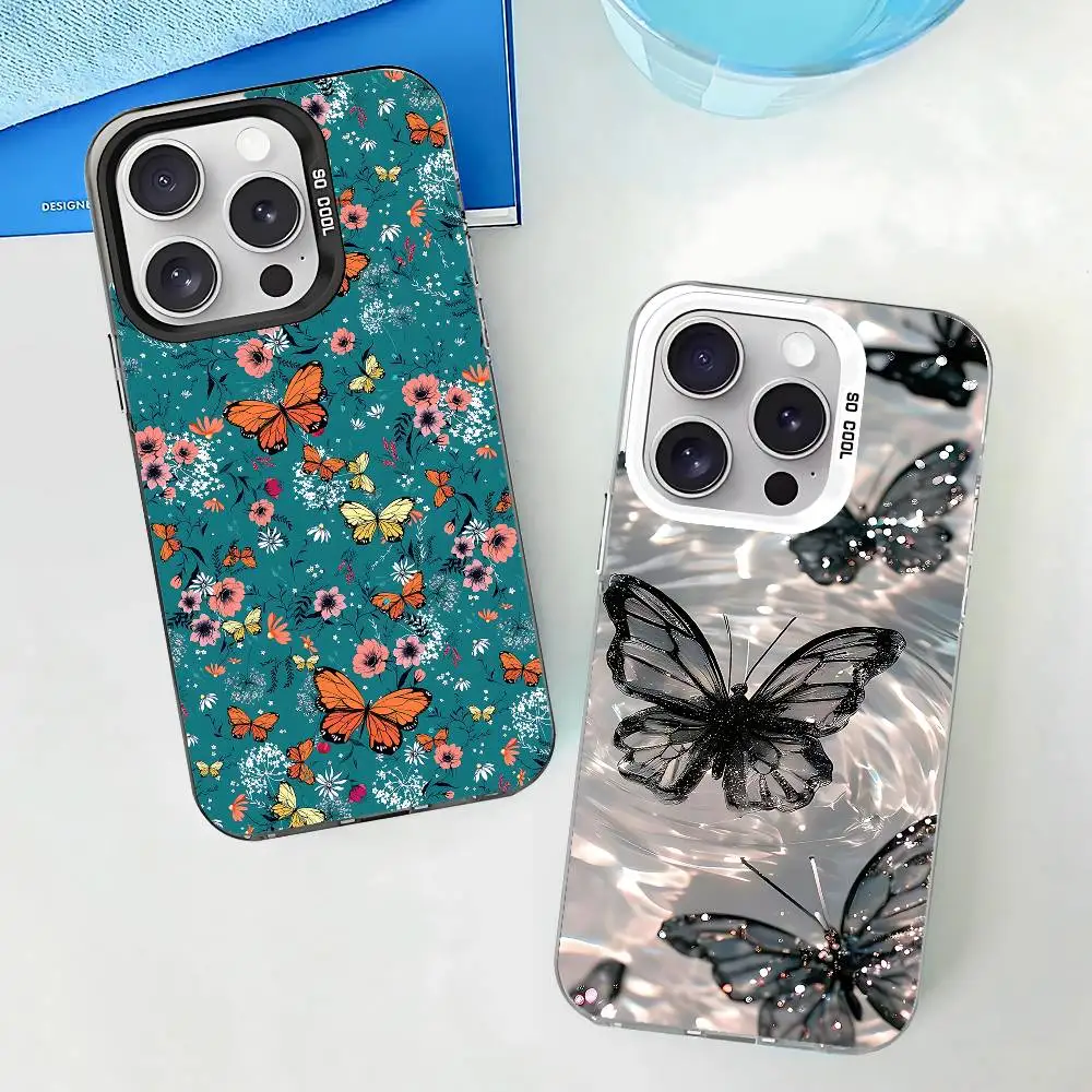 Schöne Schmetterling-Handyhülle für iPhone 17 16 15 14 13 12 11 Pro Max Plus Farbige Stoßfeste Rückseite Silberne Abdeckung