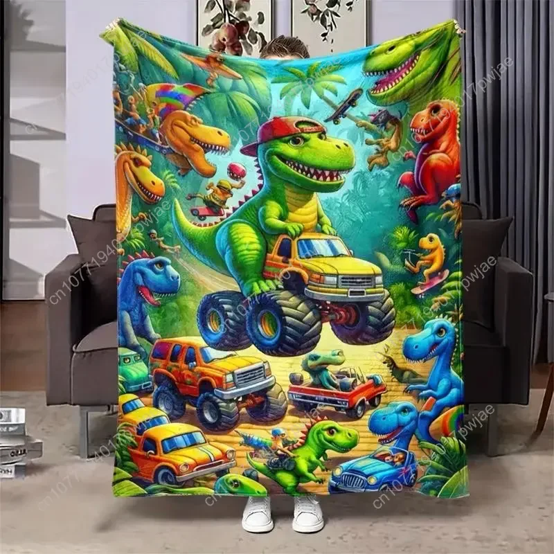 Flange Velvet Throw Blanket - Soft, Funny Vibrant Cartoon Dinosaur Design, Comfortable Dinosaur Truck Pattern, Ideal for Napping