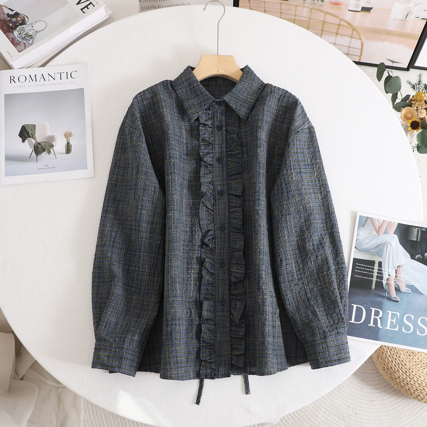 

Женская официальная рубашка, французские винтажные текстурированные топы с длинными рукавами и рюшами, роскошная нишевая тонкая клетчатая свободная универсальная трендовая одежда
