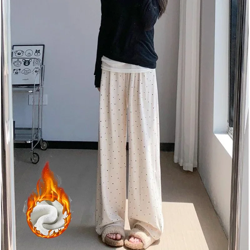 Winter Female Korean High Waist Plush Slacks Girls Snow Warm Velvet Pants Women Wave Point Designer Straight Leg Trousers