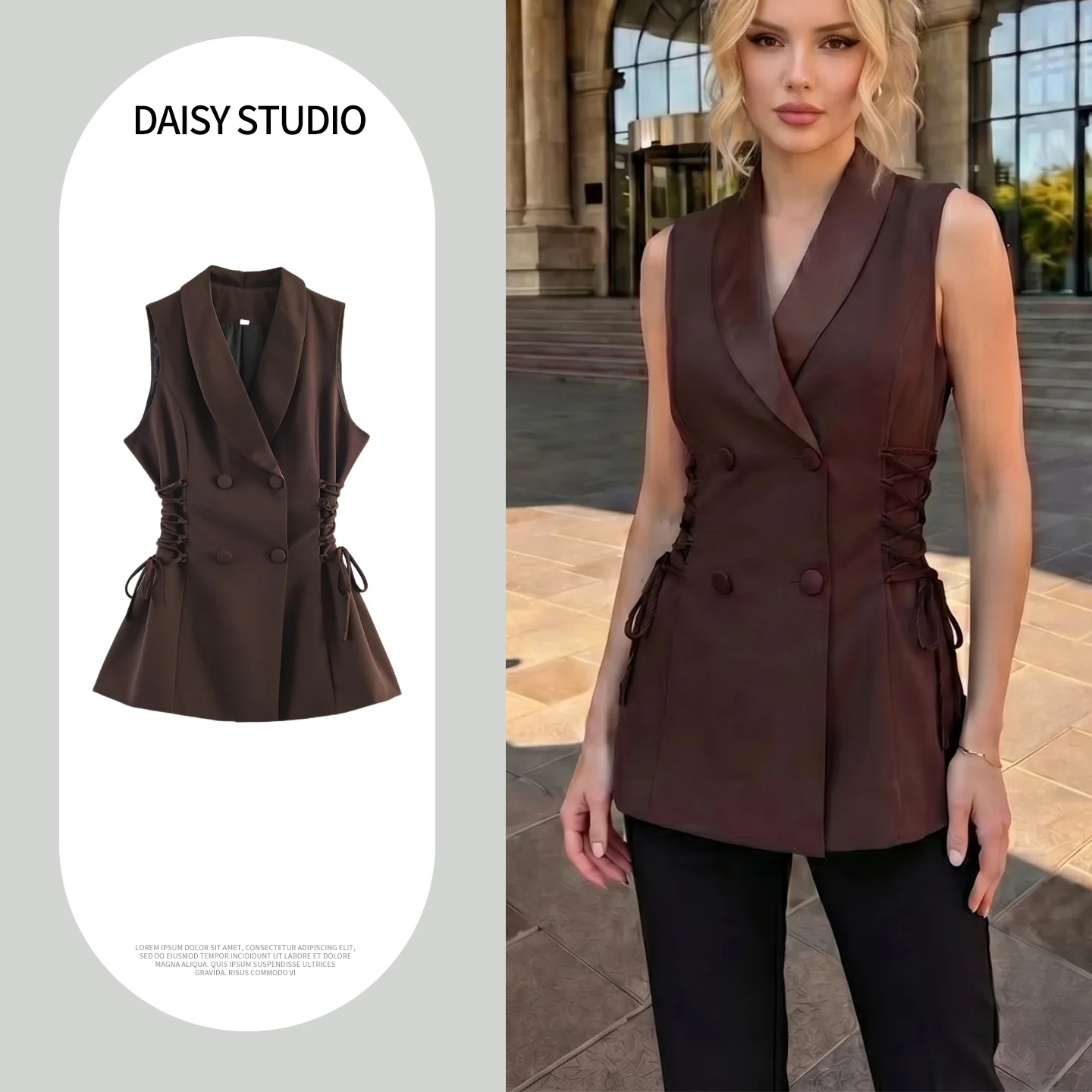 

Summer New Women's Casual Style Suit Collar Knot Waist Cinch Slimming Double Button Vest Jacket Polyester Fiber
