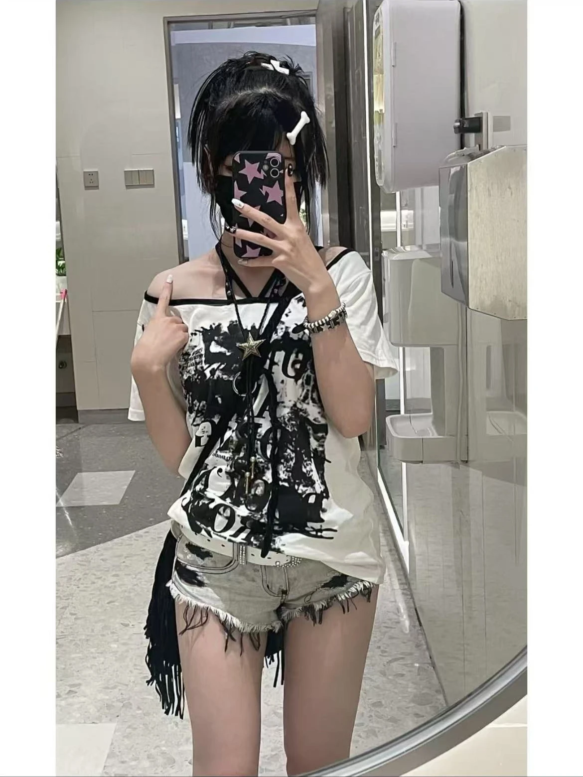Women Crisscross Strap Neck Short Sleeve T Shirts White U Neck Punk Rock Splash Ink Print Slim Fit Grunge Streetwear Casual Top