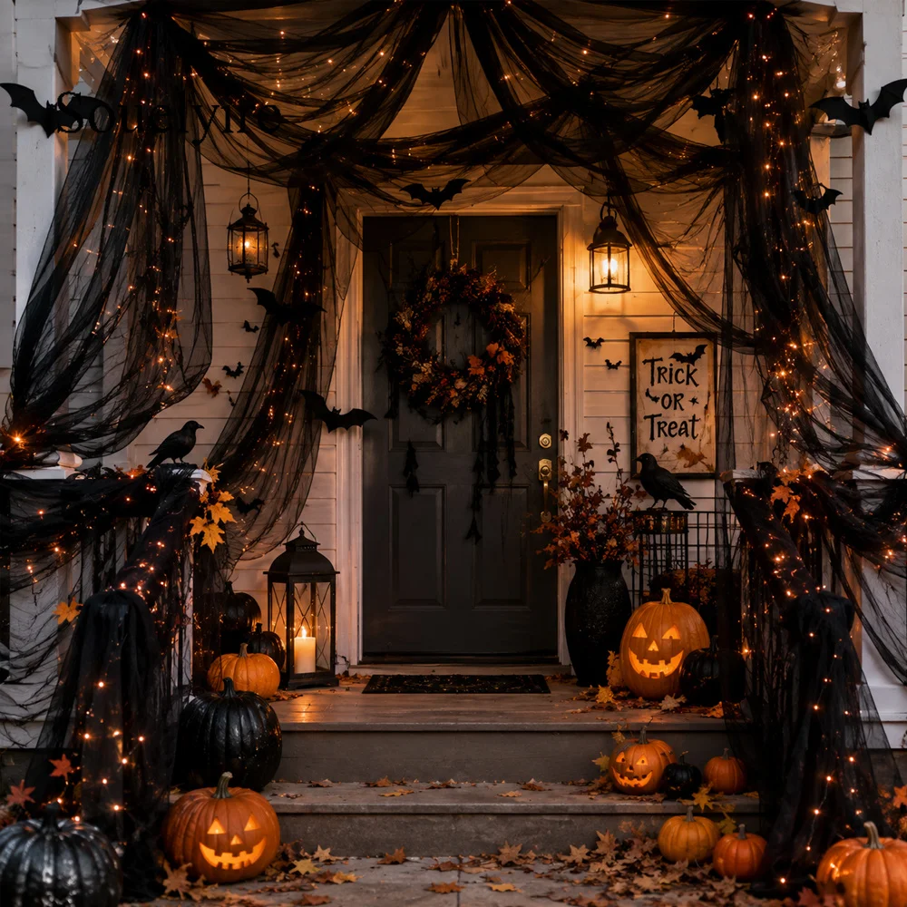 Schwarz/Lila Transparenter Tüll auf Rolle, für dunkle Halloween-Partys, Hochzeitsbankette, Geburtstage, Bogen-Blumenstuhl-Deko zum Selbermachen – Detail 11