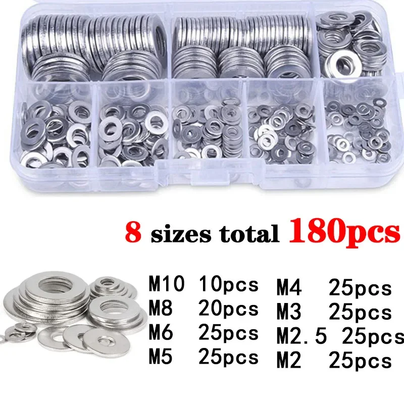 180pcs Stainless Steel Sealing Solid Gasket Washer M2 M2.5 M3 M4 M5 M6 M8 M10 Sump Plug Oil For General Repair Seal Ring Set