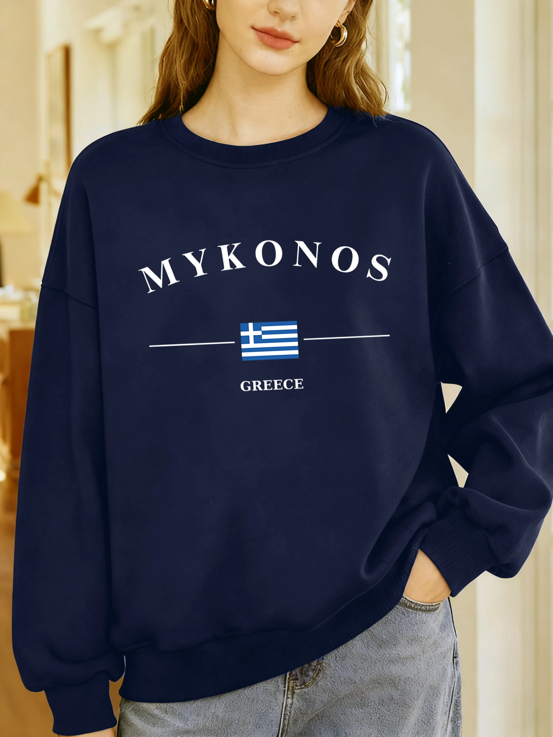 Mykonos اليونان إلكتروني وعلم الطباعة المرأة البلوز Y2K ملابس رياضية كبيرة الحجم عادية الخريف البلوز Crewneck الملابس #3