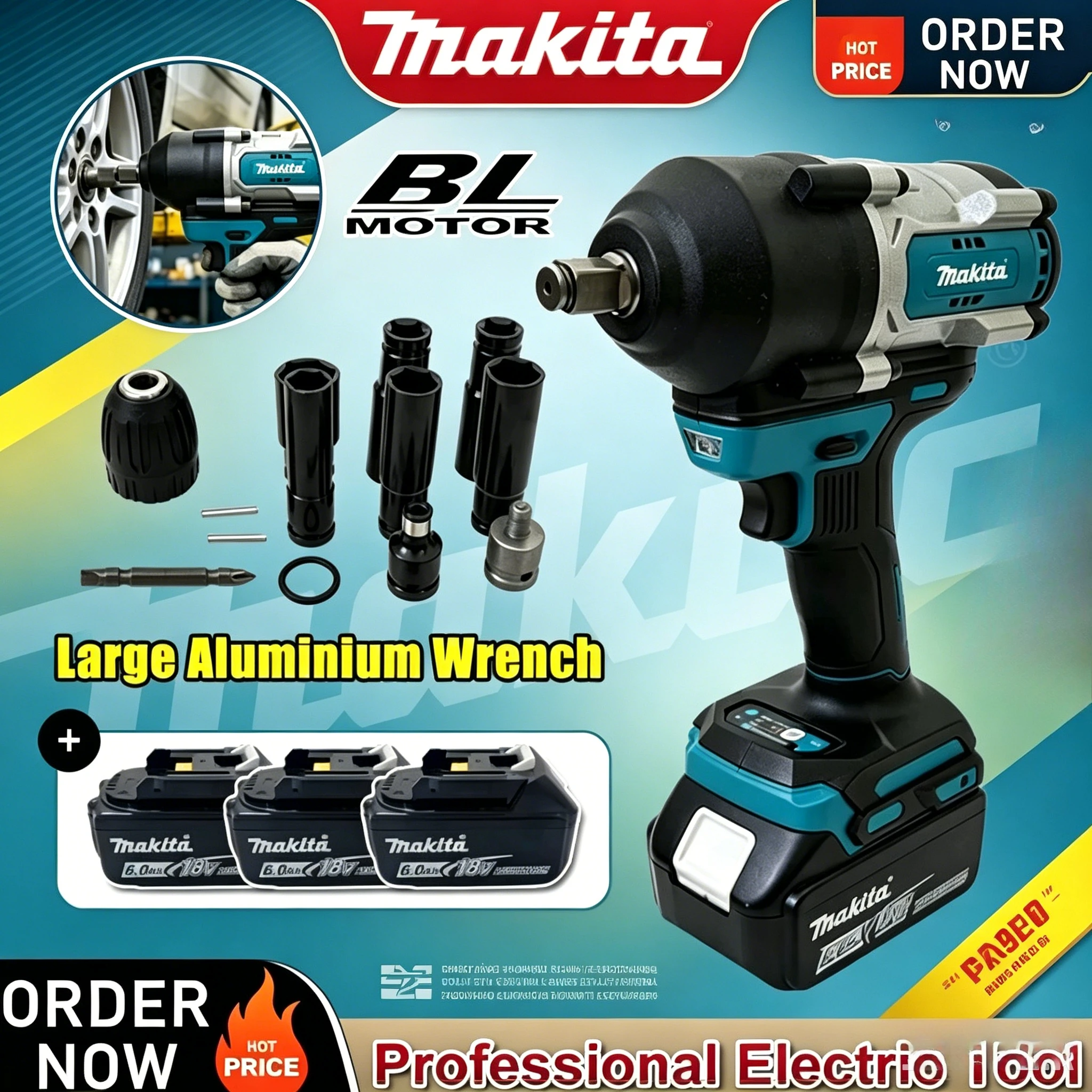

Makita Cordless Electric Impact Wrench Brushless High Torque Driver With Socket Set For Automotive & Construction 18V Battery