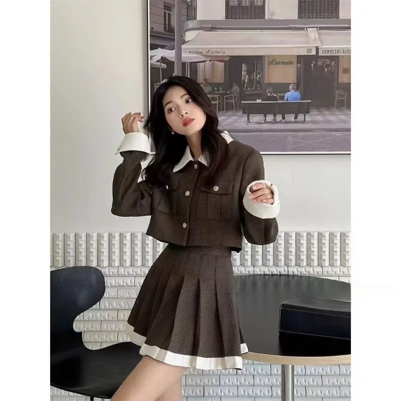 Temperament Fashion Polo Neck Coat Pleated Skirt Two Piece Set Women Korean Single Breasted Slim Contrast Color French Lady Suit