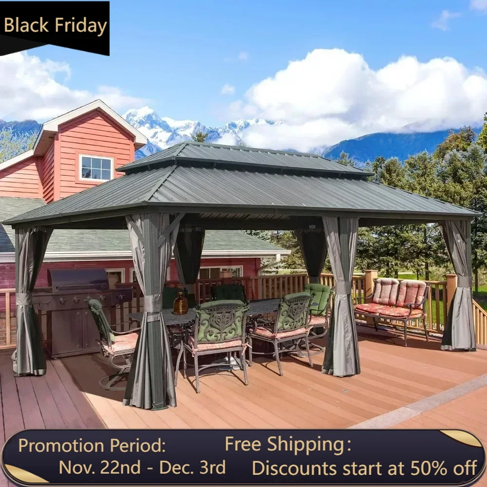 12’ X 20’ Hardtop Gazebo Canopy with Netting &Curtains, Outdoor Aluminum Gazebo with Galvanized Steel Double Roof for Patio Lawn