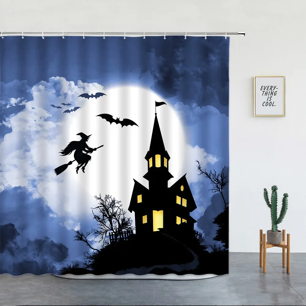 Halloween Skeleton Pumpkin Shower Curtain Home Decor Horror Witch Castle Forest Waterproof Polyester Fabric Bathroom Curtain