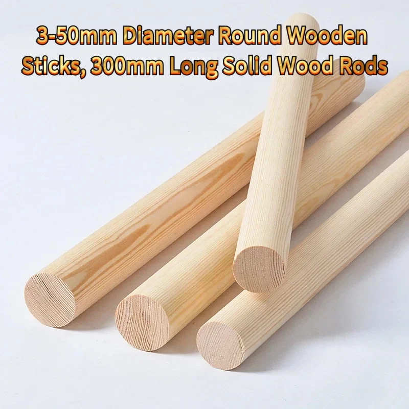 2-10PCS 3-50mm Diameter Round Wooden Sticks, 300mm Long Solid Wood Rods Handmade Woodworking