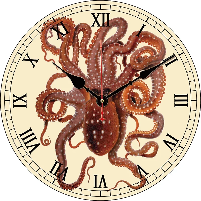 Retro Octopus Kitchen Round Wall Clock Large Dinning Restaurant Cafe Decorative Wall Clock Silent Non-Ticking Nice For Gift