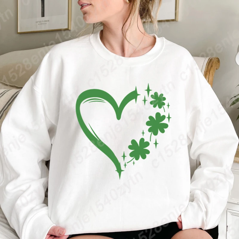 

St Patrick's Day Clover Heart Print Round Neck Sweatshirts Fashion Women's Clothing Casual Pure Color Ladies Hoodeless Pullovers