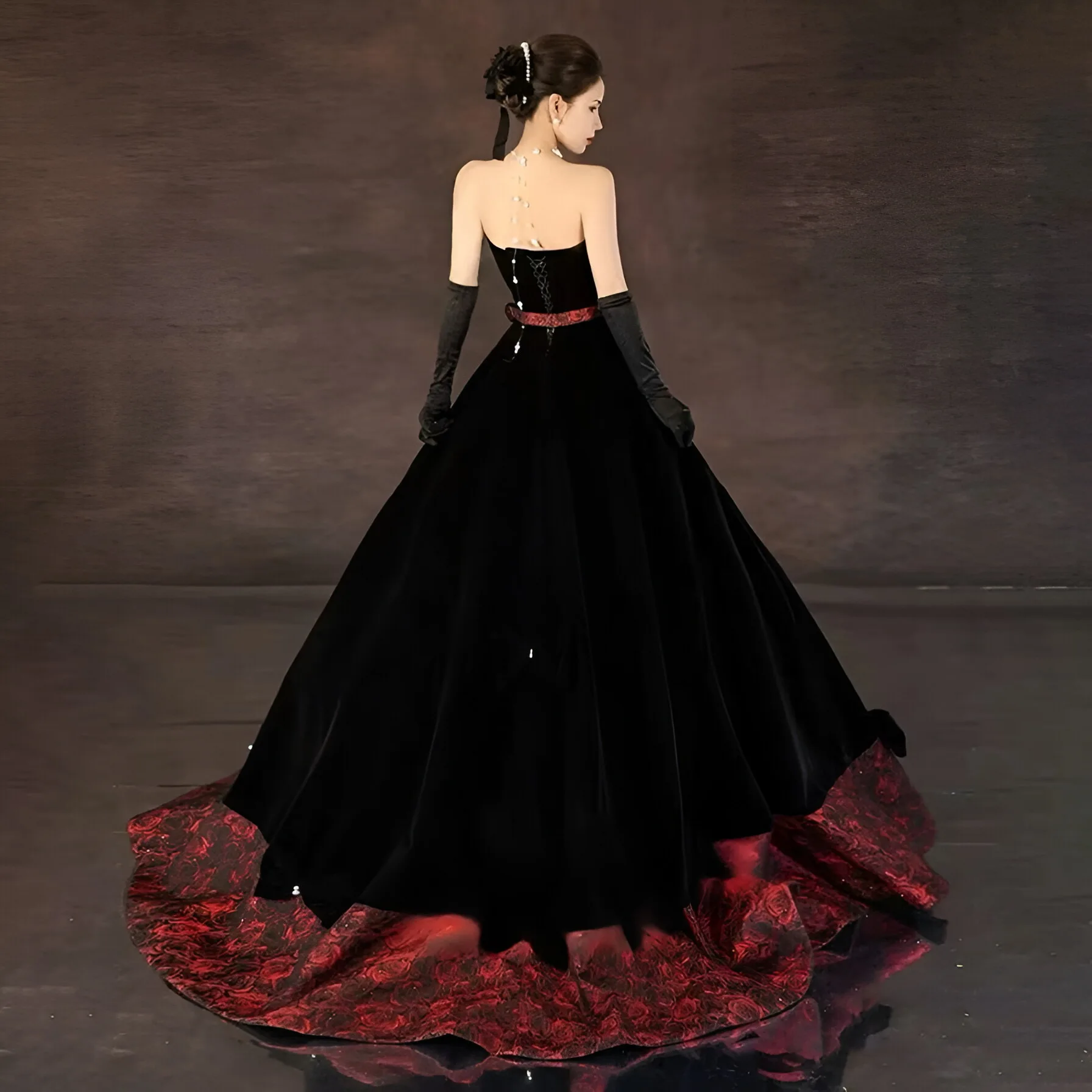 Black Strapless Evening Dress Pearl Red Ribbon Beading French Style Court Bride Toasting A Line Luxury Prom Gowns New 2024