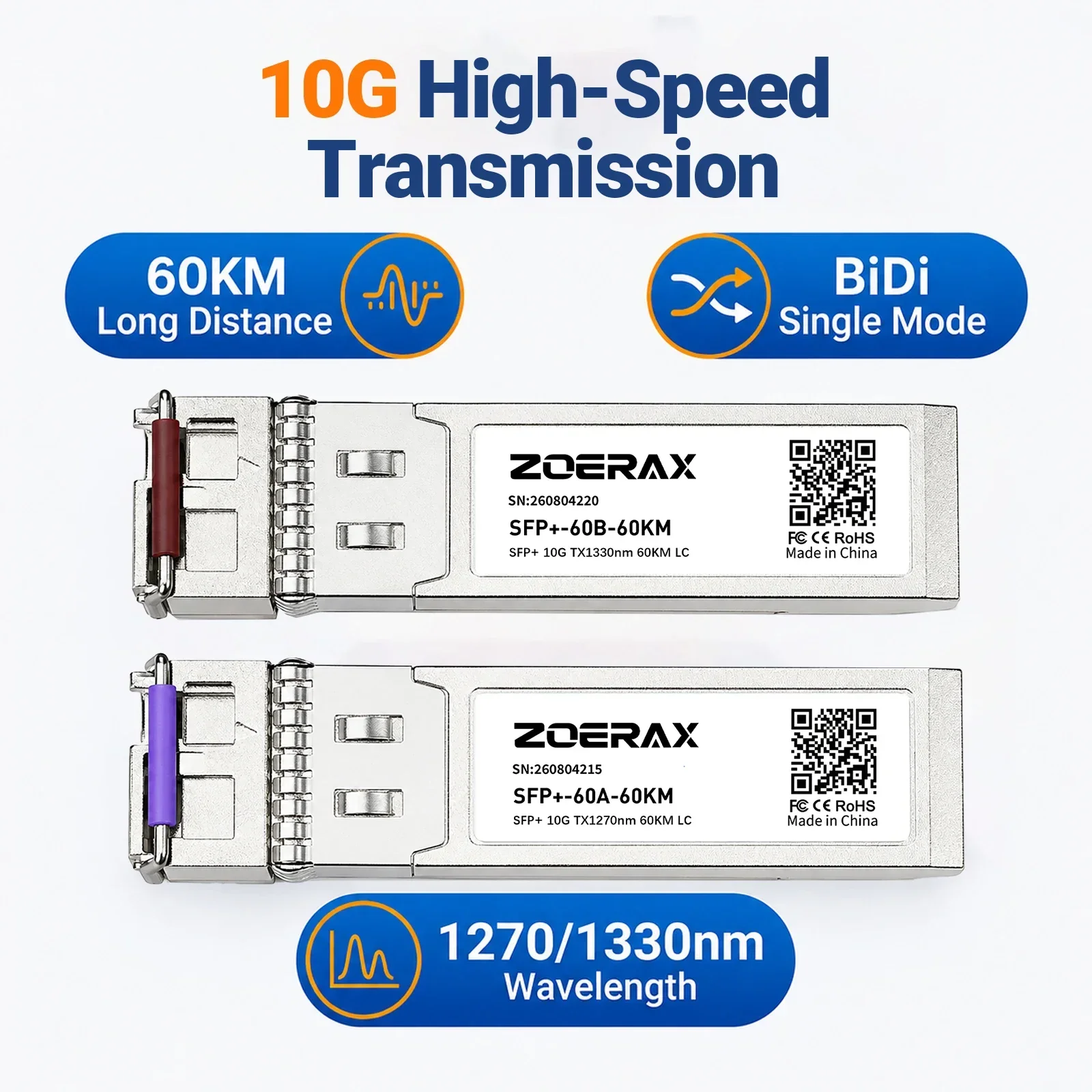 ZoeRax 10G BIDI Single-Mode Simplex LC 1270/1330nm SFP+ Module Plug & Play Support DDM Wide Compatibility for Cisco MikroTik