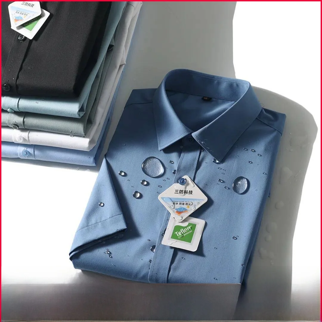 

Waterproof Men's Short Sleeve Shirt Satin Finish Black Tech 80S Ultrafine Fiber Standard Fit Summer Casual Pure Color