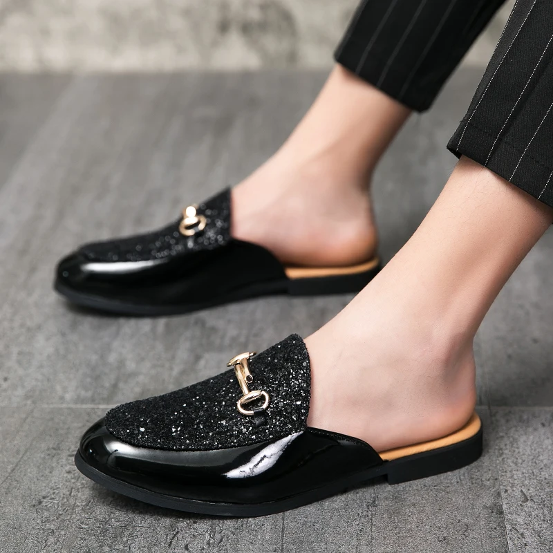 Luxury Men\'s Genuine Leather Shoes Sequins High-end Casual Shoes Comfortable Half Slippers Loafers Men\'s Flat Shoes At Home