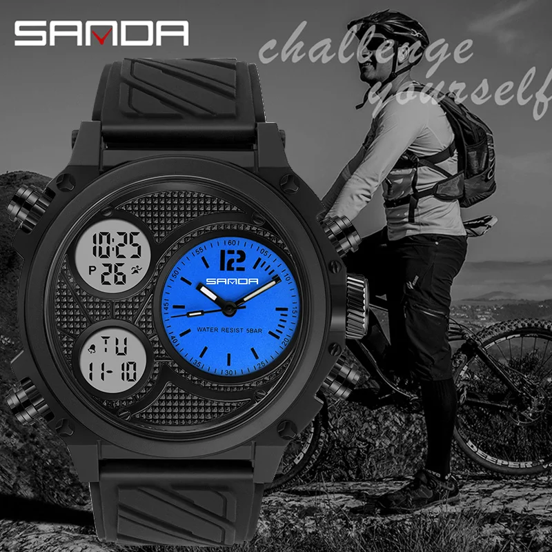 

SANDA Three Time Display Quartz Watch for Men LED Sport Digital Watches 50m Waterproof ElectronicWristwatch Alarm Clock Relogio