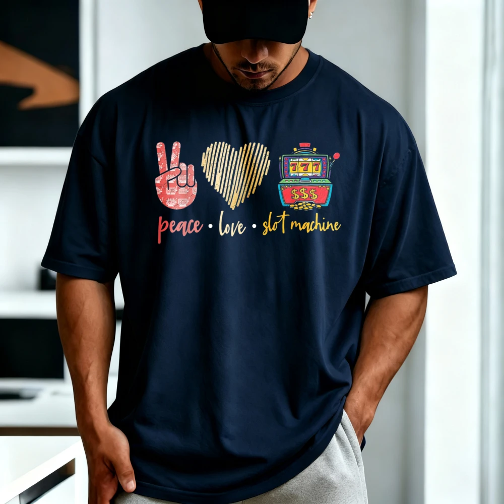 Peace Love Slot Machine Casino Game Gambler T-Shirt Casual Fashion Loose Harajuku Man Women Streetwear Summer Y2k Tees