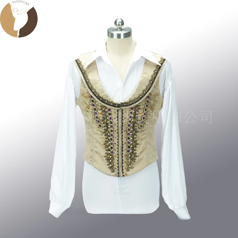 

FLTOTURE MT036 Профессиональная мужская белая майка с длинными рукавами, золотой костюм для балета «Пакита», мужская туника для вариации в балете