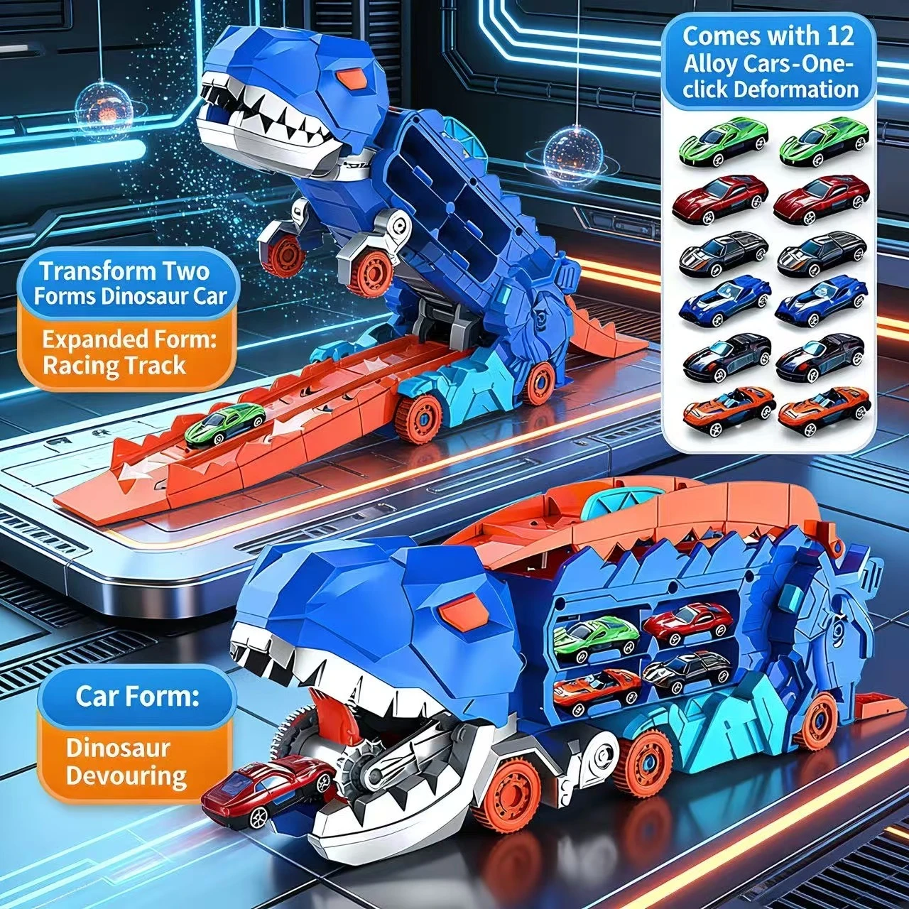 Voiture dinosaure transformée - deux en un, piste de course de dinosaures, modèle de voiture en alliage métallique dévour Tyrannosaurus rex, cadeau pour enfant garçon.