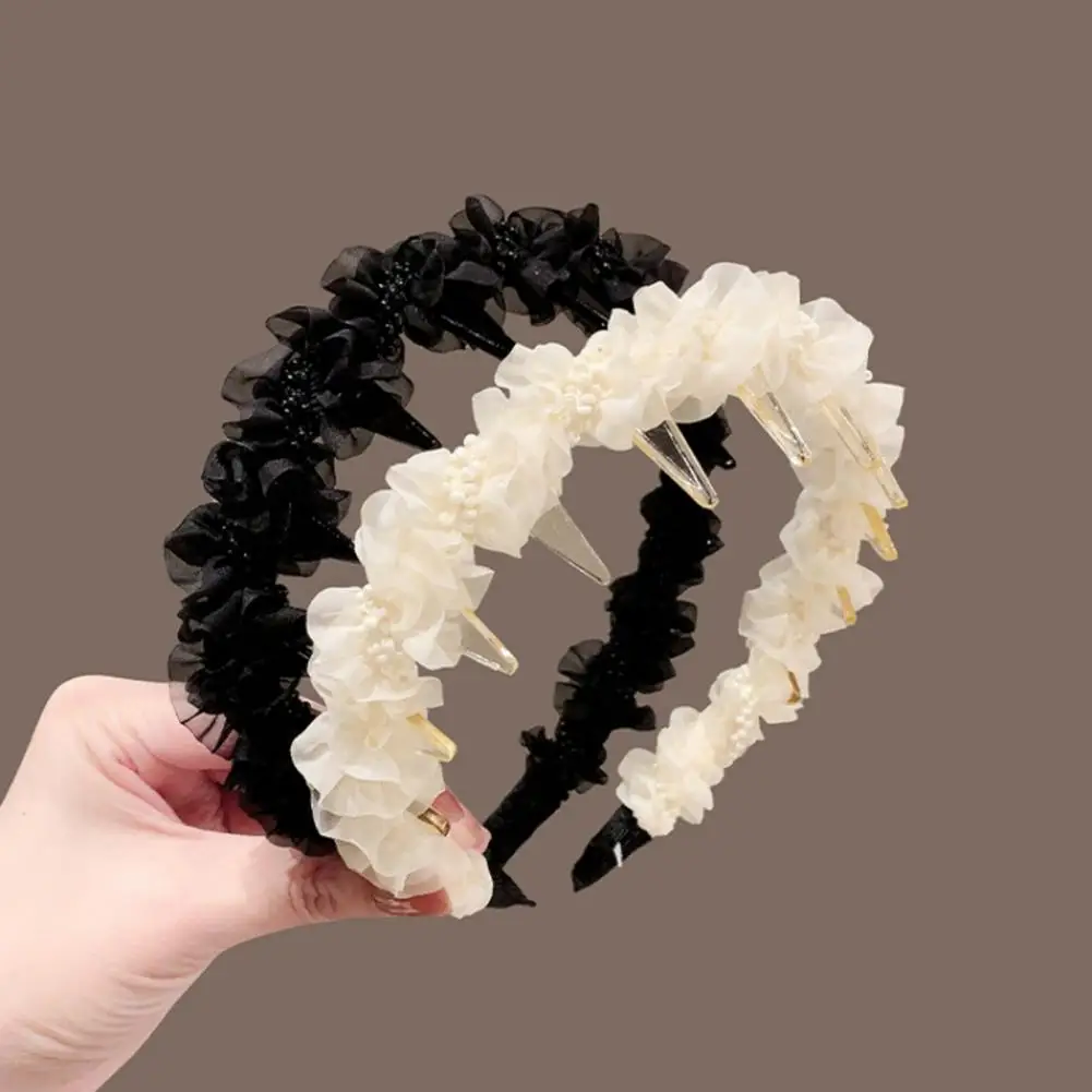 Non-slip Headband Women Wide Headband with Non-slip Tooth Comb Pearl Embellished Layered Mesh Hair Hoop Pleated Design Fashion