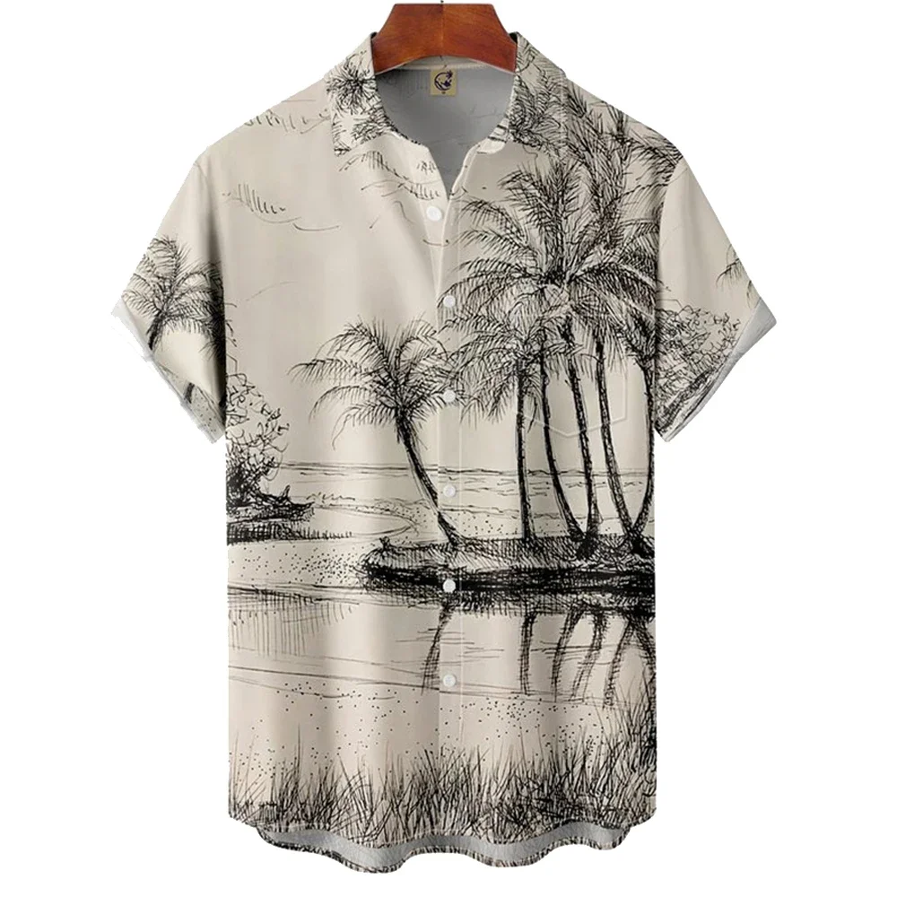 

2024 Vintage Hawaiian Beach Trip Men's Shirt Slim Light Coconut Tree Print Short Sleeve Top Camisas Fashion Casual Shirt