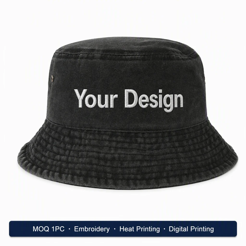 Customizable logo fisherman hat for families, teams, pets, with vintage patterns and embroidered letters, sun-shading bucket hat available for wholesale