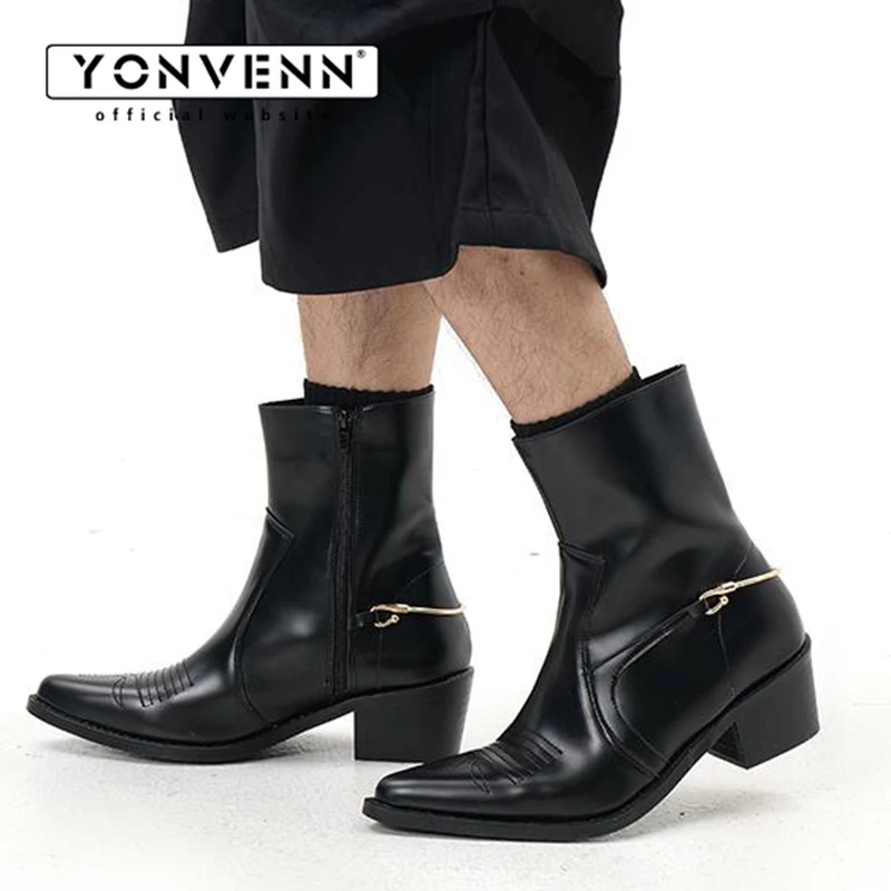 YONVENN original pointed leather shoes for men fashionable denim style Chelsea boots side zipper metal decoration casual boots