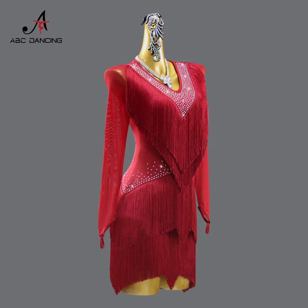 Vestido de baile latino rojo para mujer, ropa de línea de competición, Ropa de baile elegante, falda, traje de Samba, disfraz Sexy para fiesta, deportes, escenario, práctica