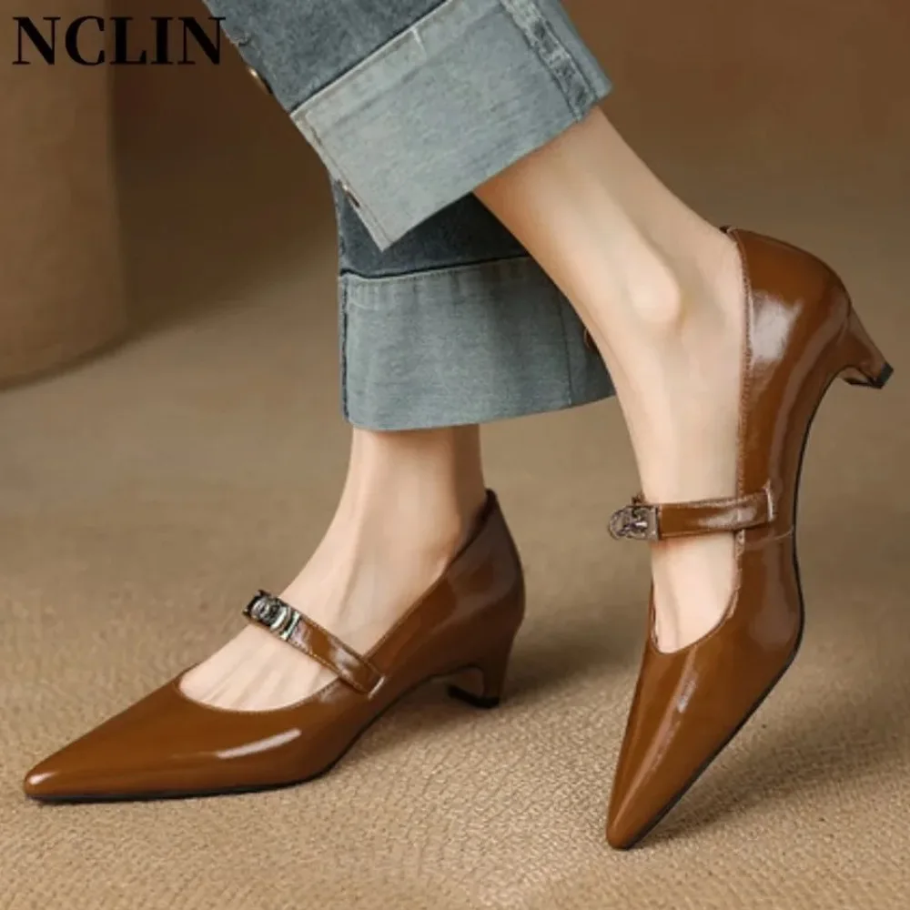 NCLIN Women Pumps Spring Summer Vintage Elegant Wedding Party Office Ladies High Heels Genuine Leather Mary Janes Shoes Woman