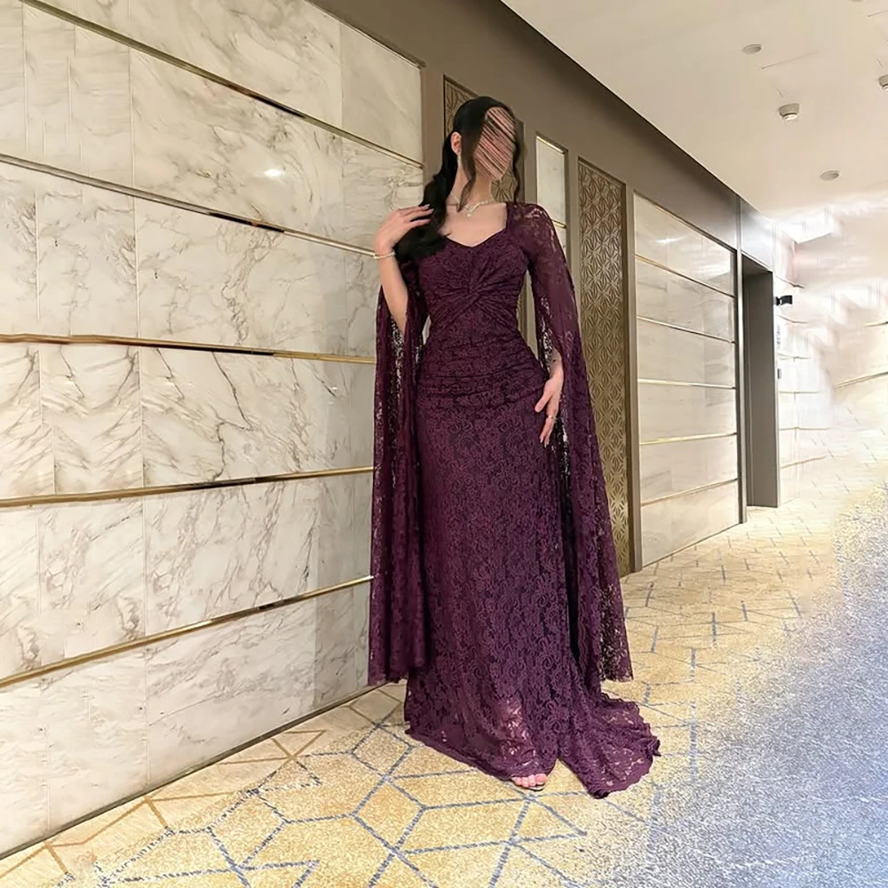 Vestido de noite roxo para mulheres, sereia, pescoço quadrado, mangas compridas, renda, vestidos de noite drapeados, trem de varredura, vestidos de festa personalizados