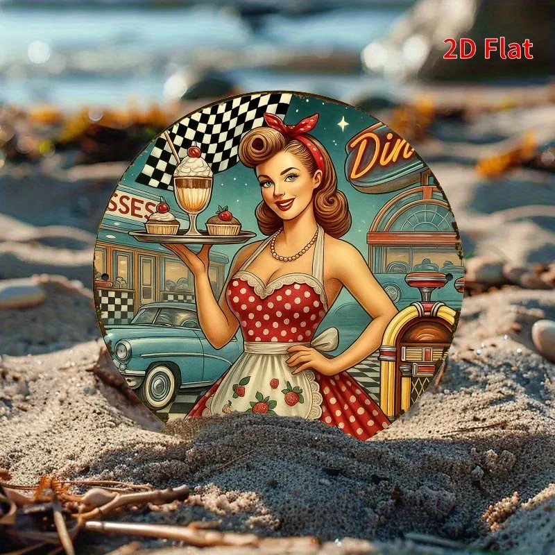 Vintage 1950s Pin Up Girl Diner Round Tin Sign, Retro Rockabilly Waitress Dessert Classic Car Jukebox Metal Wall Art, Rustic Ame