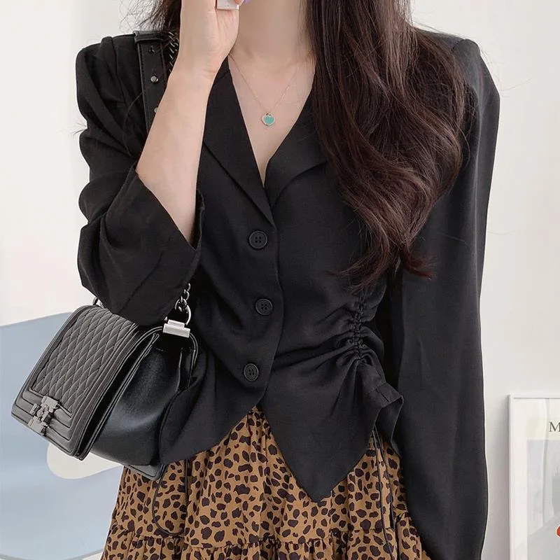 Autumn Elegant Blouse for Women Lapel Three-Button Drawstring Waist-Controlled Lady Shirt Long Sleeve Tops Women Loose Blouses