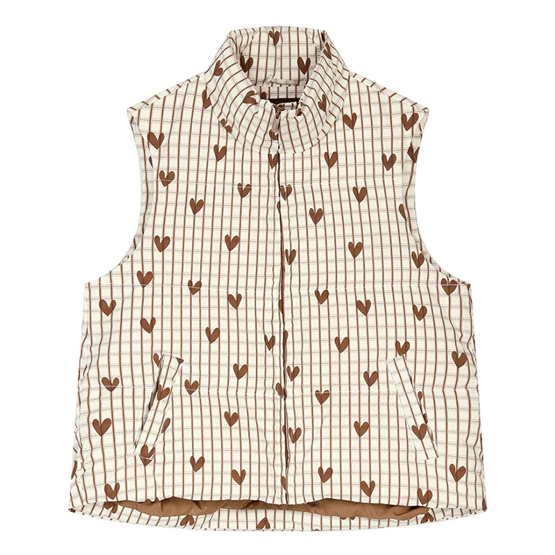 ELFSACK 2025 Autumn New Arrivals Casual Y2K Heart And Checkered Pattern Design Sleeveless Down Jacket For Woman