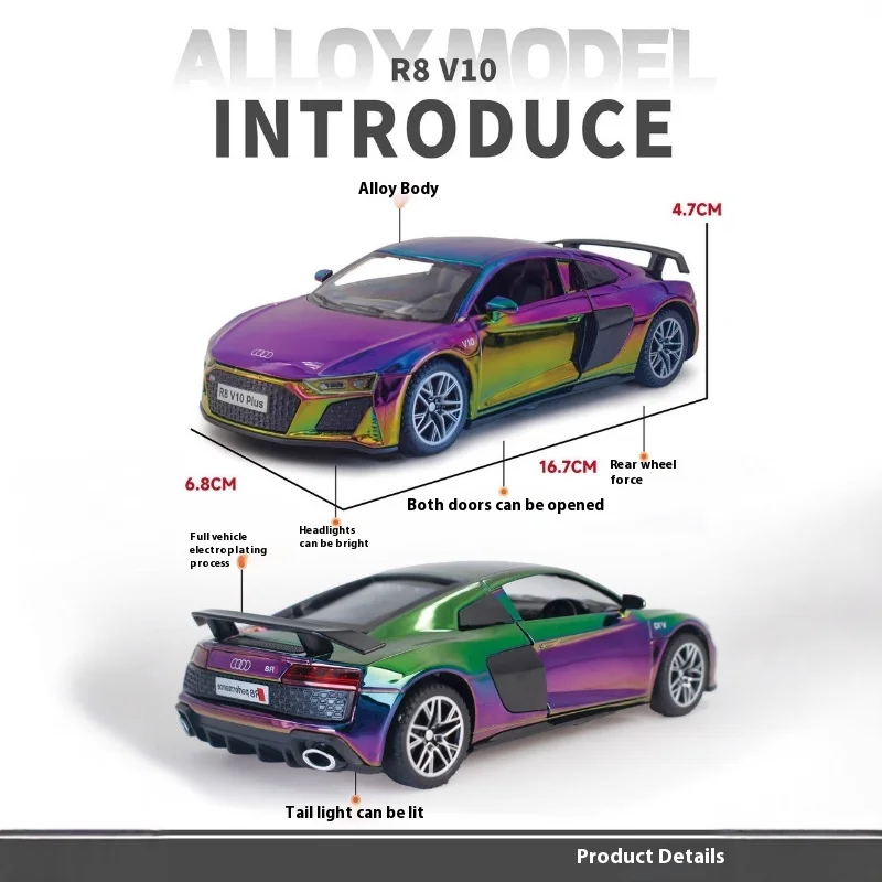 โมเดลรถสปอร์ต R8 ไดแคสต์ ขนาด 1:32 พร้อมเสียงและไฟ ของเล่นรถโลหะแบบดึงหลัง ของขวัญวันเกิดสำหรับเด็กผู้ชาย รถของเล่นเคลือบไฟฟ้า