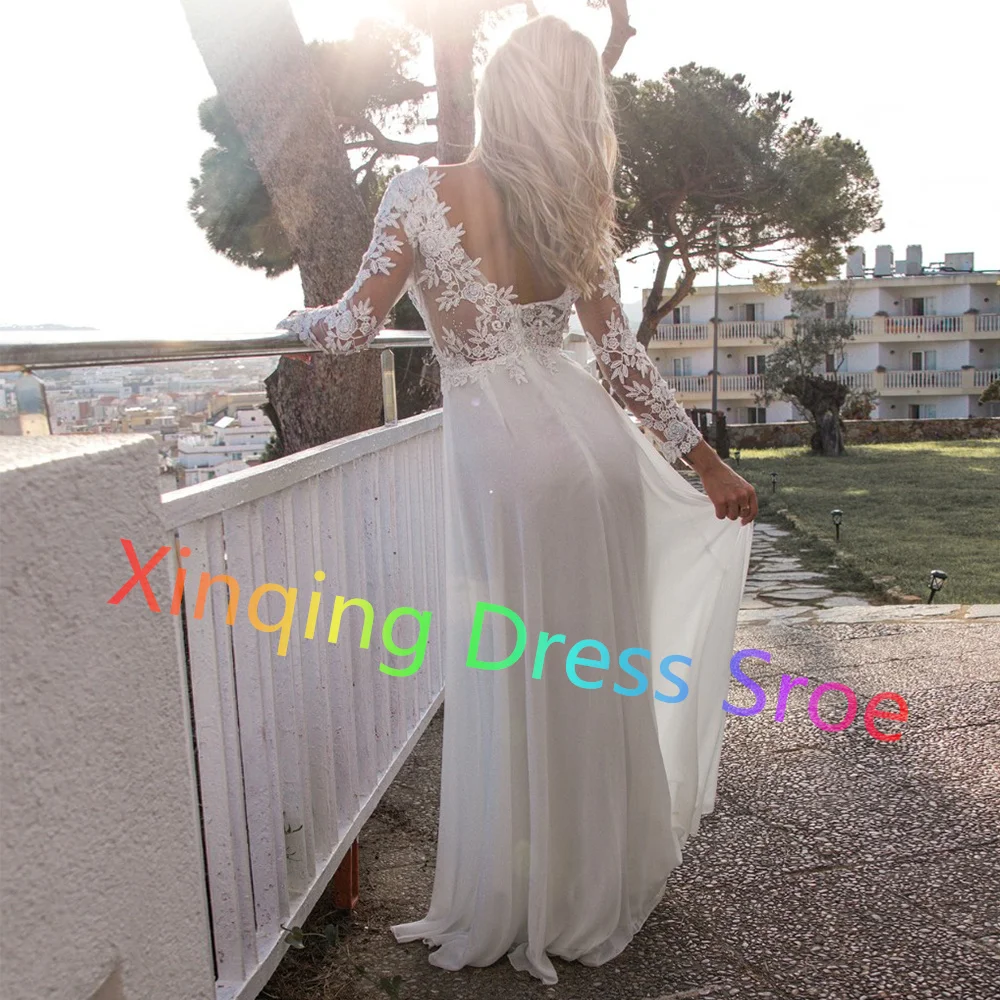 Vestidos De Novia De gasa elegantes personalizados con cuello en V y cremallera en la espalda apliques De manga larga vestidos De Novia De alta calidad