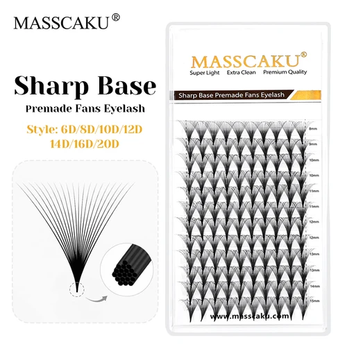 Pestañas de tallo estrecho y afiladas, embalaje privado personalizado, fibra de terciopelo de primera calidad, pestañas con Base puntiaguda de raíz fina de MASSCAKU
