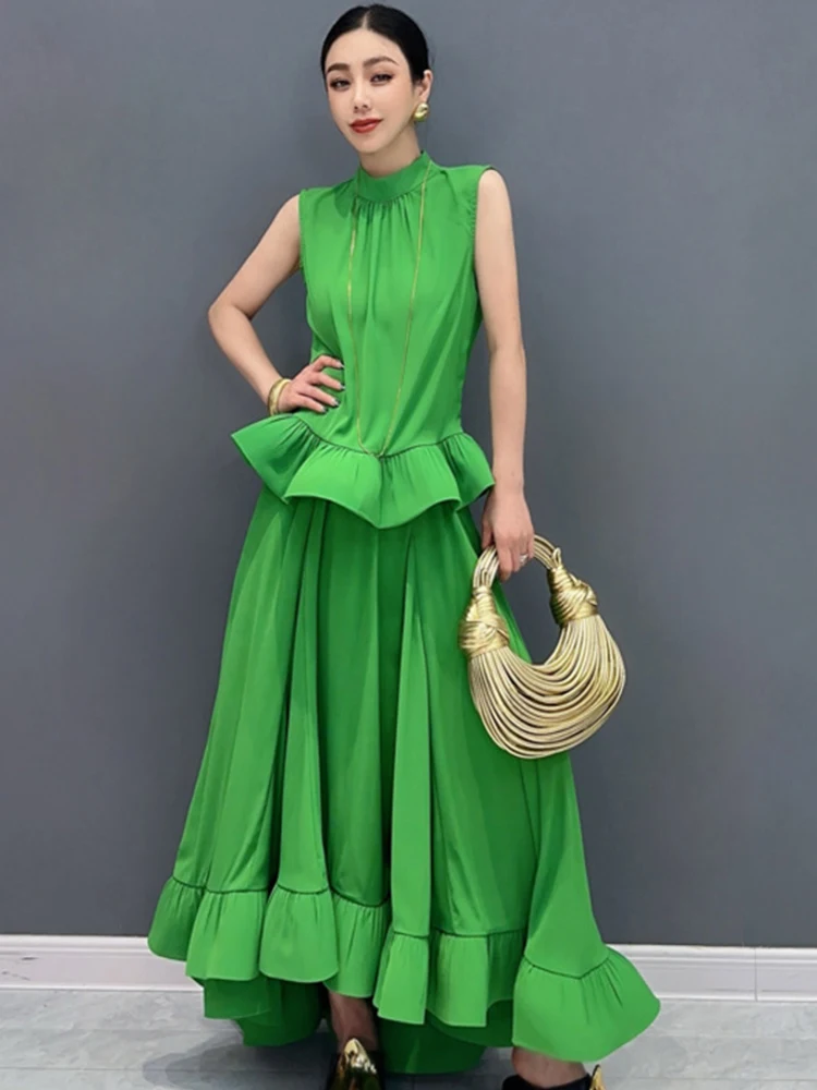 Vefadisa Newest 2024 Summer Green Women Sets Sleeveless Ruffle Edge Top Large hem Long Skirt Two pieces Dress Sets HLX064