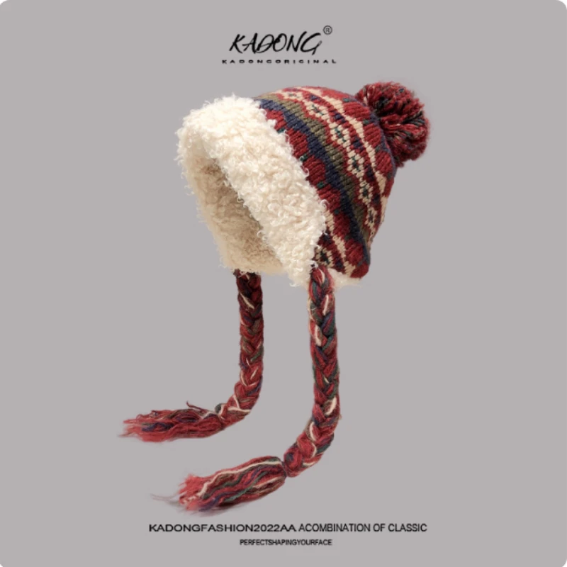 Новый этнический стиль, жаккардовый флисовый теплый пуловер из овечьей шерсти, женская осенне-зимняя уличная вязаная шапка-бомбер с защитой ушей