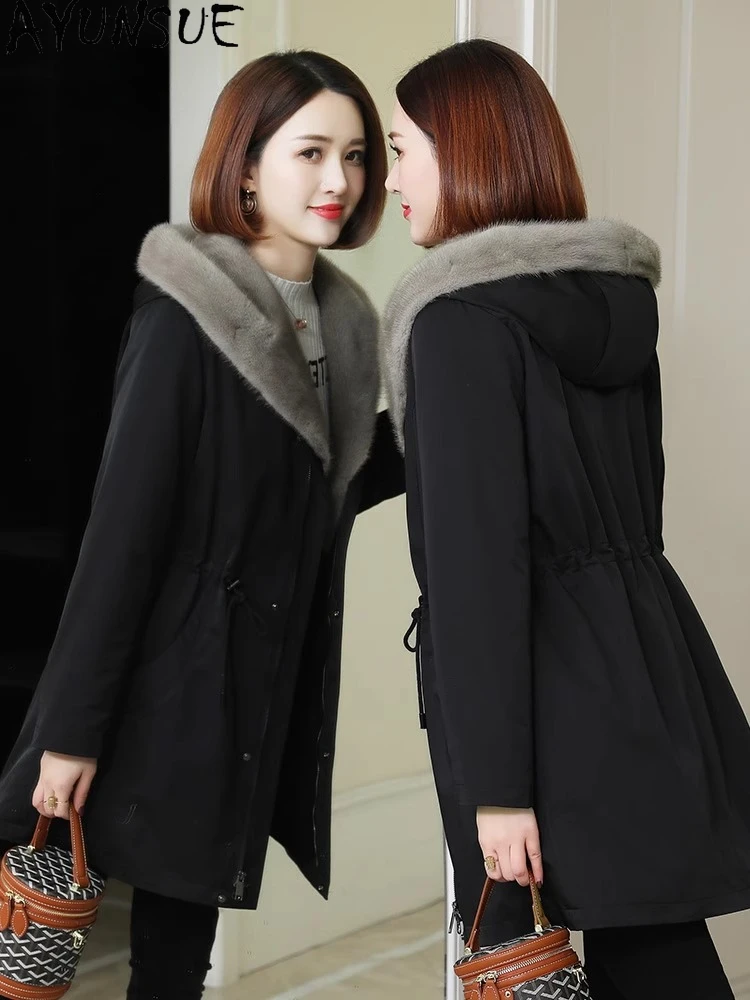AYUNSUE ラビットファーコート レディース ミンクファー襟 冬服 ミドル丈 本物の毛皮パーカー 女性用コート パルトォ ジェンソーレ 取り外し可能な裏地