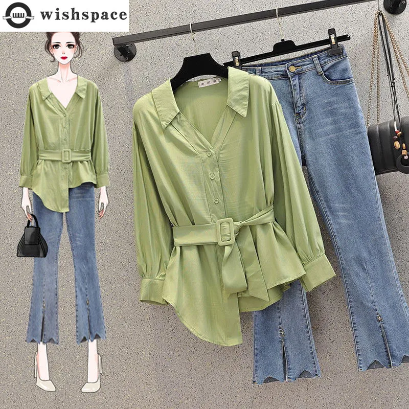 2022 Autumn New Korean Fashion Elegant Women's Pants Set Fashion Belt Decoration Chiffon Shirt Toptrousers Pants Two-piece Set